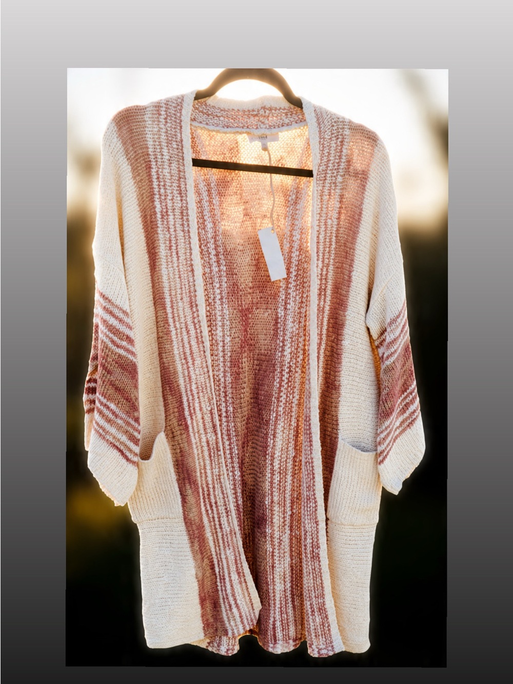 NWT Easel Boho Beach Oatmeal Striped Baja | Knit Open-Front Throw Cardigan